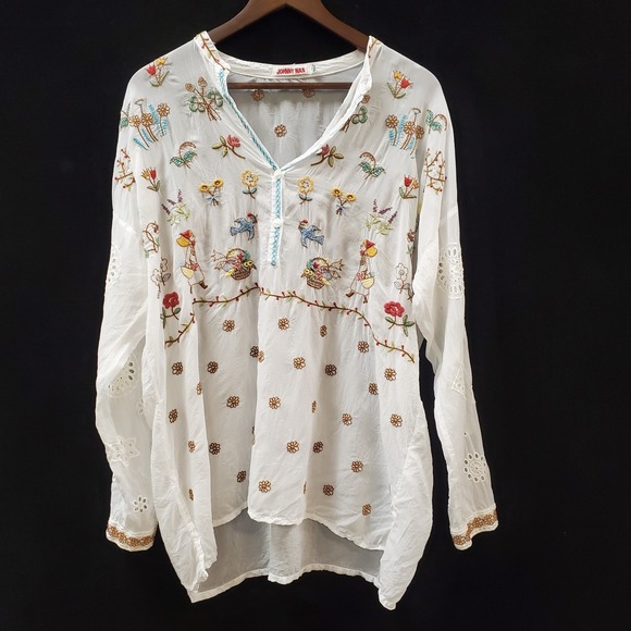 Johnny Was Tops - Johnny Was Womens Sami Embroidered Tunic Top Size S White Cottagecore Prairie